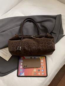 复古绒面革大容量休闲单肩托特包，拼布拼色托特包，优雅百搭女士通勤包 - 咖啡棕 - 查看 6