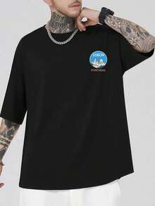 Lisbon Portugal Graphic T-Shirt, Men's T-Shirt With Double-Sided Print, Fashion, Casual, Round Neck, 220 G/M2, Pure Cotton (1 Piece) - 黑色 - 查看 2