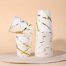 10pcs/20pcs/40pcs/60pcs Gold Marble Texture Paper Cups, 9oz Capacity. White Cup Bottom With Prominent Gold Texture, Resembling Natural Marble. Suitable For Serving Coffee, Tea, Hot Chocolate And Various Hot Beverages, Gold Paper Coffee Cups - White - View 5