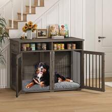 Furniture Dog Crate For 2 Dogs, 41 Inch Dog Kennel Furniture With Removable Divider And Shelf Storage, Wooden Dog Crate For Small/Medium Dogs, White/ Brown/ Gray - Grey - View 3