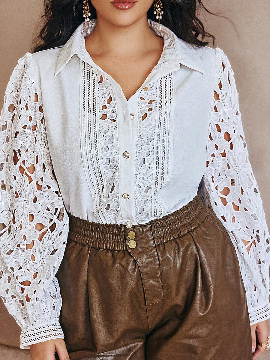 Simplee Women's Plus Size Autumn New Delicate Elegant Water-Soluble Lace Blouse, Patchwork Lace Trim Front Button Long Sleeve Shirt White - White - View 1