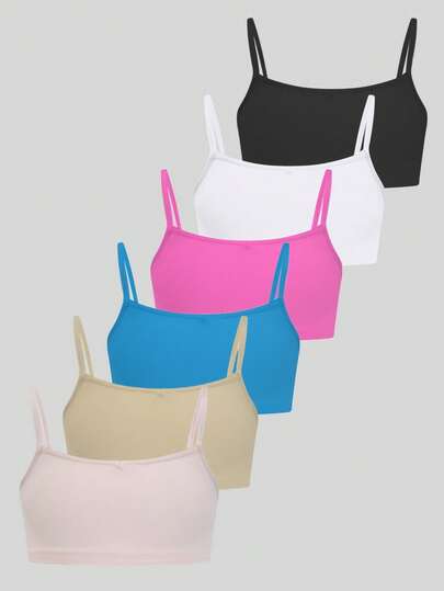 6pcs/Set Girls' Solid Color Casual Comfortable Camisole Bras, Seamless Soft Single Layer Wireless Underwear
