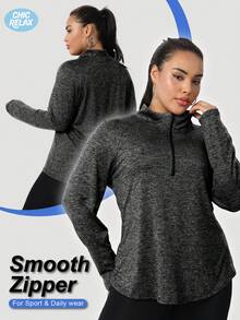 Plus Size Women's Fashion Sports Yoga Half Zip Sweatshirt Spring - Grey - View 2