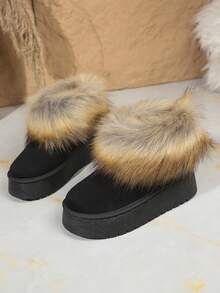 36-41 Faux Fur Lined Warm Thick Sole Snow Boots, Colorblock, Christmas, Punk Style Retro Fluffy Rhinestone Thick Sole Snow Boots, Suitable For Vacation & Outdoor Winter