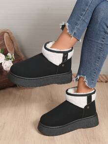 1 Pair Plus Size 36-42 Solid Color Textured Pattern Punk Boho Cute Faux Fur Lining Fluffy Fur Trim Faux Fur Patchwork Thick Sole Snow Boots, Suitable For Home, Vacation, Outdoor In Winter