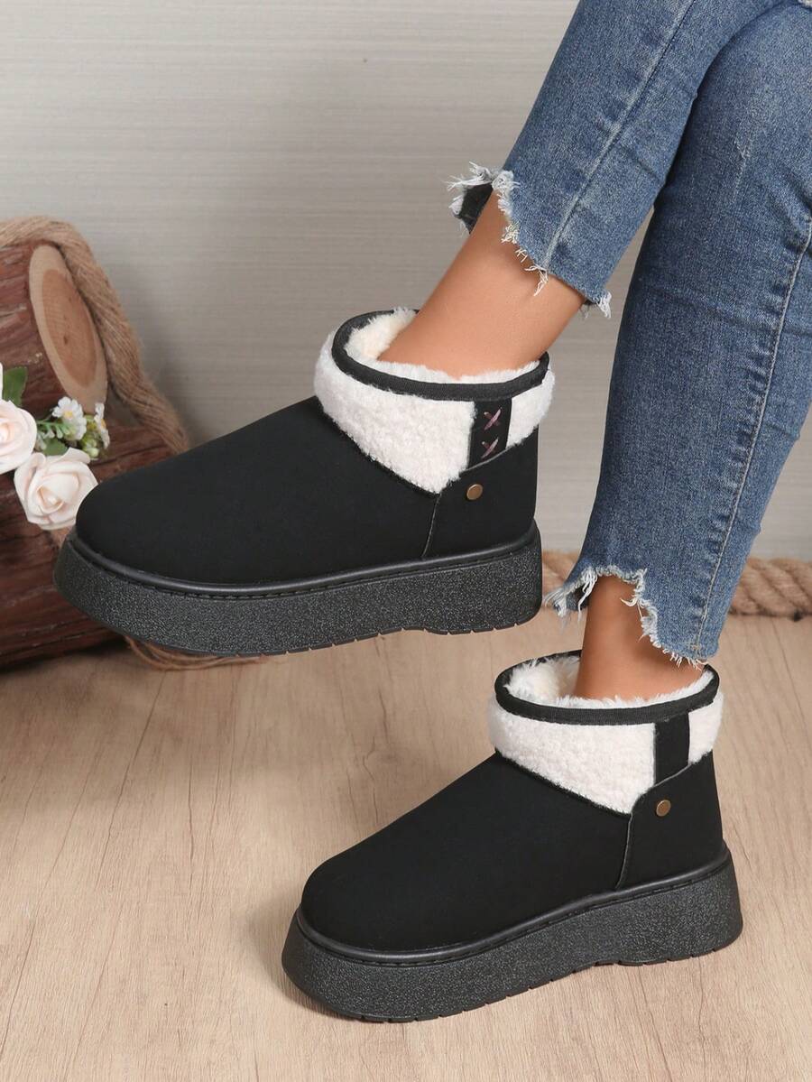 1 Pair Plus Size 36-42 Solid Color Textured Pattern Punk Boho Cute Faux Fur Lining Fluffy Fur Trim Faux Fur Patchwork Thick Sole Snow Boots, Suitable For Home, Vacation, Outdoor In Winter