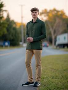 MEN'S SET KIT: TROUSERS + SLIM DRESS SHIRT - 米色+深綠色 - 查看 1