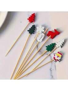200/100/50/20/10pcs Christmas Bamboo Skewer Set, Includes Christmas Tree, Snowflake, Santa Claus, Reindeer, Snowman, Fruit Fork, Christmas Tree Decor, Appetizer Toothpick, Suitable For Birthday Party, Thanksgiving, Christmas Decoration, New Year Gift - Multicolor - View 10