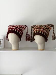 1 件可爱编织图案针织帽，带卷边，俏皮的魔鬼角设计，复古冰岛风格针织冬帽，温暖时尚的护耳帽，带图案围巾