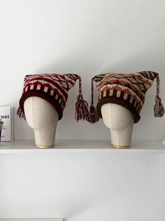 1 件可爱编织图案针织帽，带卷边，俏皮的魔鬼角设计，复古冰岛风格针织冬帽，温暖时尚的护耳帽，带图案围巾