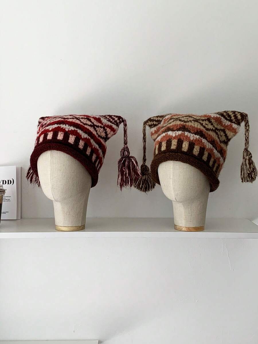 1 件可爱编织图案针织帽，带卷边，俏皮的魔鬼角设计，复古冰岛风格针织冬帽，温暖时尚的护耳帽，带图案围巾