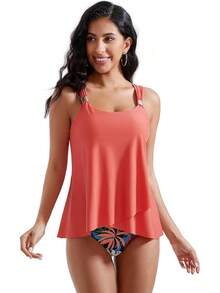 High Waisted Ruffle Tankini Swimsuit Plus Size Tummy Control - Orange - View 3