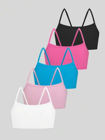 5pcs/Set Cute Girls' Solid Color Soft & Comfortable Camisole Bras, Simple Single Layer Seamless Basic Sports Bras For Daily Wear