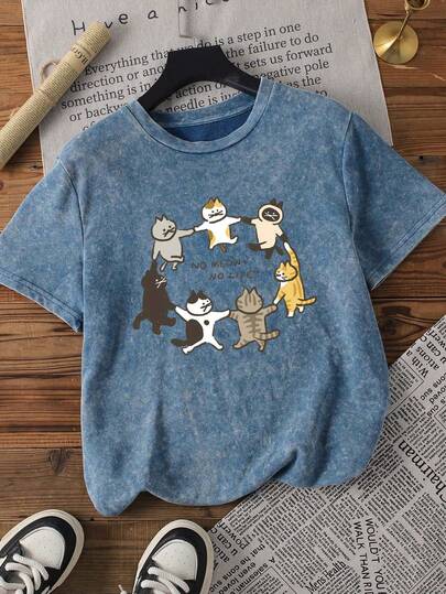 夏季女装加大码 Stir 雪洗棉圆领短袖T恤，饰有猫咪生活图案印花，甜美温柔修身夏季上衣印花T恤，女士夏季穿搭