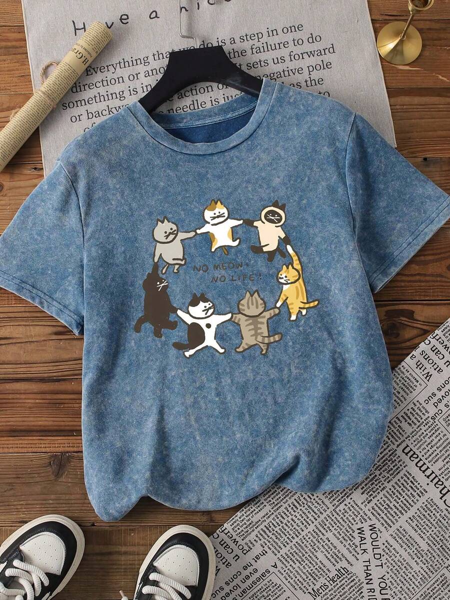 夏季女装加大码 Stir 雪洗棉圆领短袖T恤，饰有猫咪生活图案印花，大码甜美温柔修身夏季休闲印花T恤 - 藍色 - 查看 1