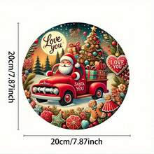 1 pièce Décoration murale en métal plate et limitée dans le temps en forme de camion du Père Noël - Panneau rond en fer avec une couronne de Noël, une maison en pain d'épices et un design de boîte-cadeau - Décoration de vacances moderne pour le salon, la cuisine, la chambre, le bar, la salle à manger, accessoires saisonniers pour la maison, motif festif