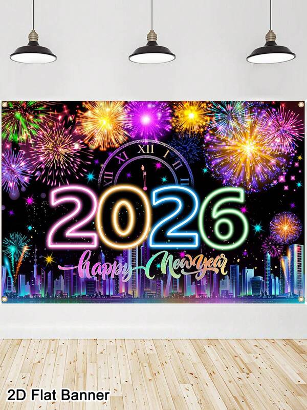 1pc 2026 Happy New Year Backdrop Background - 150*100cm Colorful Fireworks Countdown Clock Pattern Hanging Banner Polyester Fabric Background Cloth For New Year Gifts, Garden Courtyard Decoration Garden Flags Festive Winter Holiday Photo Booth Happy New Year 2026 Decorations Wall Home Decor