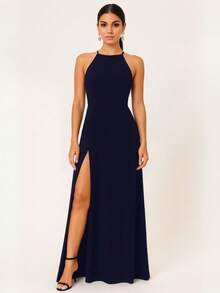 Long Sleeve Party Dress Long Bridesmaid Wedding Slit - Navy Blue - View 6