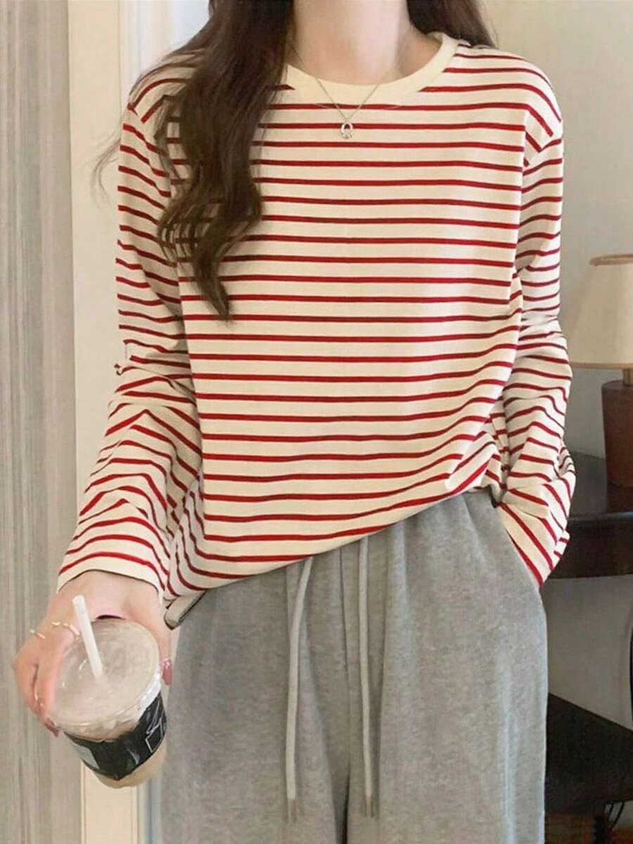 Women's Striped Round Neck Drop Shoulder Long Sleeve Casual Loose T-Shirt