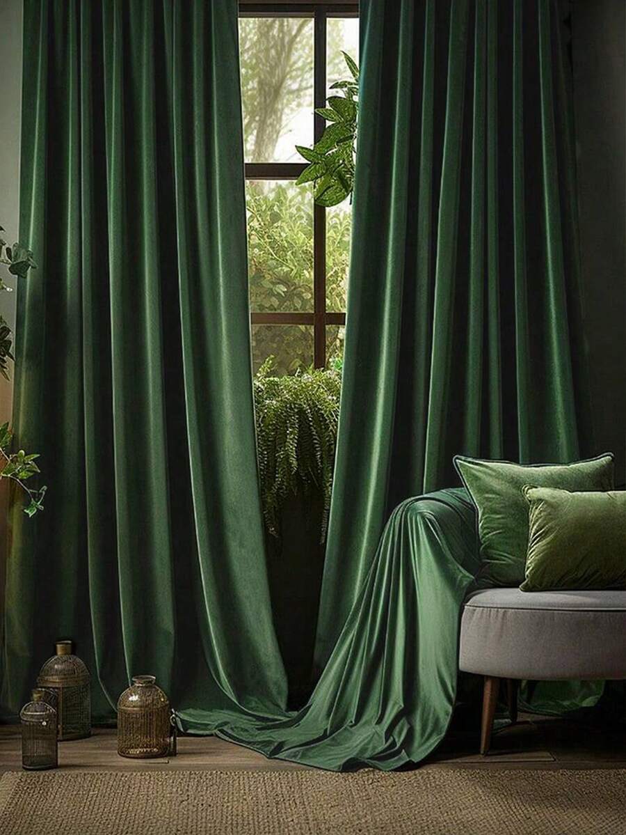 1pc Imported Dutch Velvet Fabric Curtain, 220gsm, Luxurious Room Window Decor, Heavy Blackout Curtain For Privacy In Winter - Dark Green - View 1