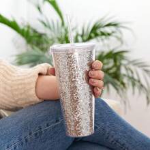 Glam Silver Vaso de doble pared con purpurina de 24 onzas por Blush |   Reutilizable, a prueba de fugas, viajes, plástico transparente, delgado, de café helado con sello de silicona, tapa atornillada y pajita - Plateado - Ver 3