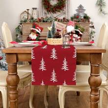 1pc White Tree Red Christmas Table Runner, Seasonal Winter Red Christmas Tablecloth, Suitable For Farmhouse Indoor Kitchen Dining Table Holiday Decor, Home Party Decoration - Red - View 6