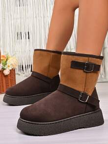 1 Pair Plus Size 36-42 Punk Style Contrast Color Gothic Thick Sole Snow Boots With Multiple Buckle Decor, For Indoor & Outdoor Wear, Winter