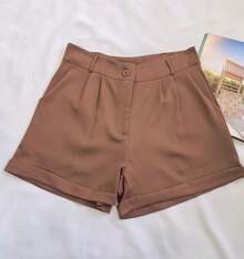 Women's Tailored Shorts With Buttons - Brown - View 1