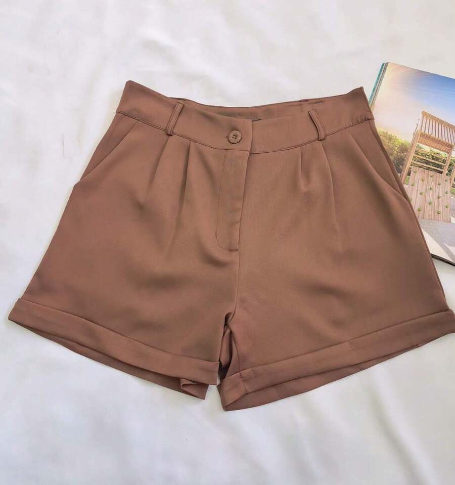 Women's Tailored Shorts With Buttons - Brown - View 1