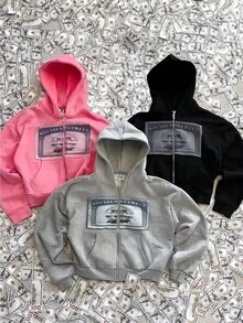 Men's Hip Hop Street Zip Hoodie - Relaxed Fit, Bold "P" Print And Dollar Graphic, Y2K Hoodie - màu đen - Xem 5