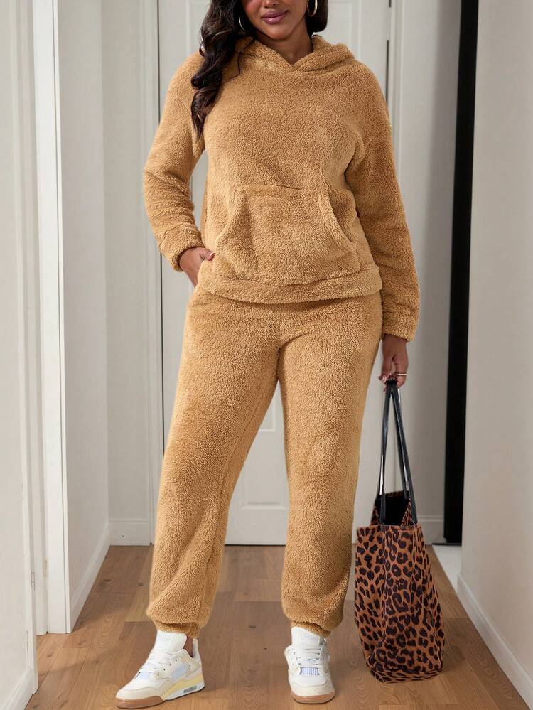 2 件套双面连帽羊羔绒运动衫 - 棕色 - 查看 2