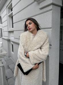 Women's Beige Large Lapel Long Fur Coat (With Belt), Winter Clothing, Old Money Outfit,A Fashionable Front-Opening Plush Large Lapel Faux Fur Coat For Winter Women's Wear,Christmas,Festival Clothing