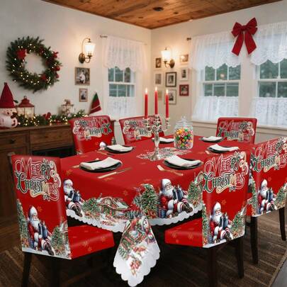 1/4/5/6/35pcs Christmas Slogan, Snow House, Santa Claus, Christmas Tree Digital Print Tablecloth & Chair Cover Set - Indoor Furniture Table Dust-Proof And Washable Decorative Tablecloth, Suitable For Indoor Restaurant Decoration, Family Gatherings, Gift Giving, Hotel Holiday Party Atmosphere Decoration