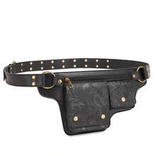 Style Waist Bag - Vintage Synthetic Leather Fanny Pack With Multiple Compartments, Golden Studs & Buckles For Women, Perfect For Outdoor Sports, Travel, And Casual Wear - 壓變黑色 - 查看 4