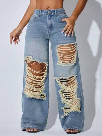 Denim Femininos Casual Lavado Desgastado Cintura Alta Perna Larga