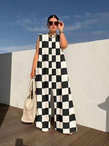 Women's Black White Checkered Sleeveless Jumpsuit 2025 Summer Fashion Wide Leg Loose Romper - 黑與白 - 查看 1