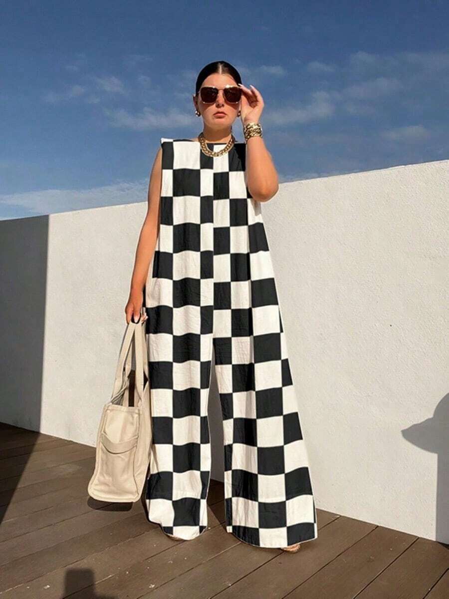 Women's Black White Checkered Sleeveless Jumpsuit 2025 Summer Fashion Wide Leg Loose Romper - 黑與白 - 查看 1