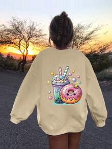 Tween Girl Casual Cartoon Donut Cute Face Girly Style Smile Pattern Round Neck Long Sleeve Black Sweater Pullover Autumn And Winter Style For Girls