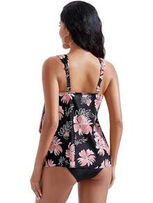 High Waisted Ruffle Tankini Swimsuit Plus Size Tummy Control - Pink Floral - View 2