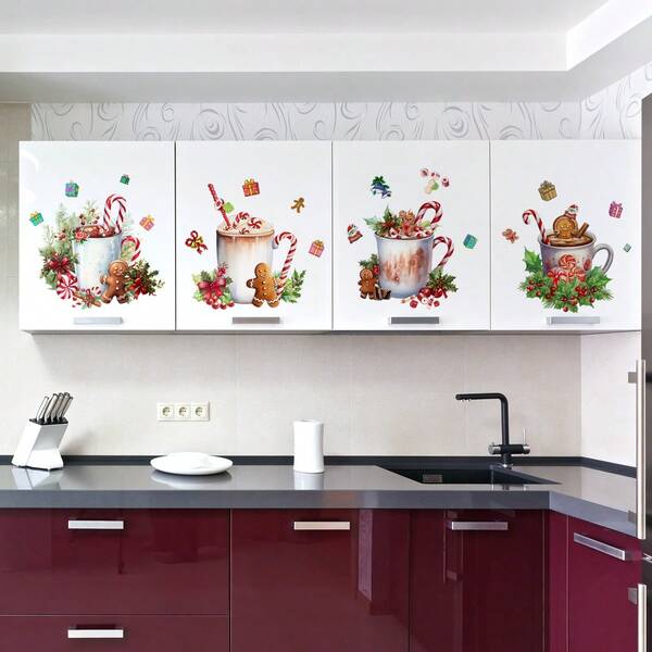 1 set/4 buc autocolante pentru fereastră, cadou de Crăciun, pentru ceașcă de cafea, autocolante creative DIY, autoadezive, detașabile, față-verso, transparente, din PVC, pentru decorarea camerei de zi, dormitorului, sufrageriei, baie, ușii, ferestrelor