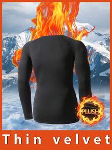 Men's Thermal Underwear Tops, Pure Black Long-Sleeved Round-Neck Tops, Thermal Base Shirts, Velvet Thickened In Autumn And Winter, Fleece Tights, Sportswear, High-Elastic Fitness Clothing Tops, Running Training Clothing Tops, Cycling Clothing Tops - 黑色 - 查看 2