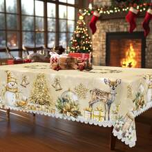1pc Golden Christmas Tablecloth With Snowman Deer Christmas Tree Patterns, Christmas Decor 2025, Christmas Party Decoration For Home Indoor Outdoor, Luxurious Round Rectangular Table Cloth, Holiday Kitchen Festive Decor, Christmas Gifts - 金色 - 查看 3