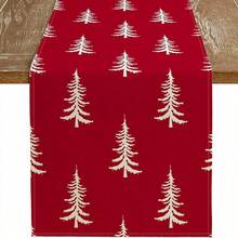 1pc White Tree Red Christmas Table Runner, Seasonal Winter Red Christmas Tablecloth, Suitable For Farmhouse Indoor Kitchen Dining Table Holiday Decor, Home Party Decoration - Red - View 3
