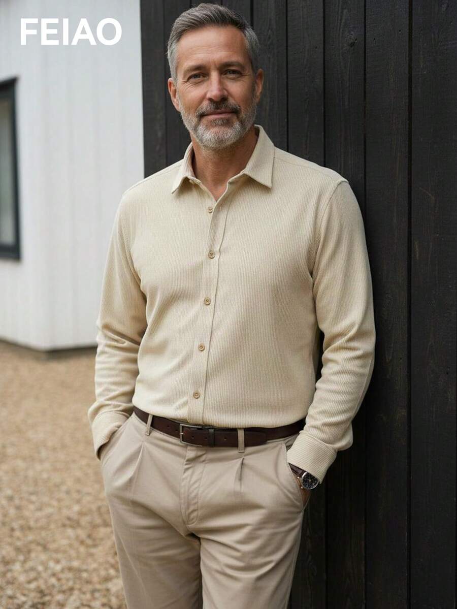 Camisa de manga larga con botones, de estilo vintage, con rayas de pana y unicolor, de comodidad casual y elegancia clásica, versátil para todo el año, otoño/invierno