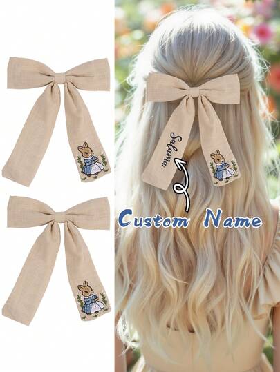 1pc Custom Hair Bow For Girls Cute Rabbit Bow Hair Clips With Custom Name Brown Bowkont Hair Barrettes For Girls Hair Accessories ,Festival Gift,Christmas Accessories