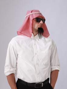 Set di 3 accessori per outfit da uomo in stile anni '80 mediorientale: sciarpa rossa, fascia per capelli in corda, maschera per gli occhi nera e baffi laser neri, adatto per Ognissanti, feste in costume, ruoli, uso quotidiano, festival, cosplay