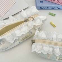 1 bolsa para lápis com estampa de gato e renda, grande capacidade, design colorido e portátil, adequada para cenários de armazenamento de papelaria, caixa de papelaria/organizador de estojo de lápis