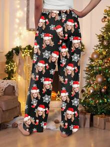 Customized Women's Christmas Pajama Pants, Snowflake & Christmas Icon Print, Comfortable Home Long Pants, Christmas Gift - Multicolor - View 3