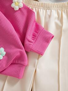 2 件女童休闲花卉装饰圆领长袖运动衫和裤子套装，春秋 - 玫紅色 - 查看 8