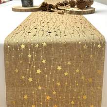 1 pieza Camino de mesa de 275cm*28cm con estampado de estrellas de lámina de oro, estilo minimalista moderno, mantel rectangular de poliéster plateado brillante para fiestas navideñas, días festivos, comedor, decoración del hogar - Dorado - Ver 2